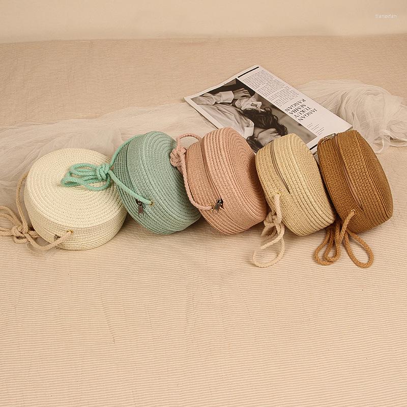 

Evening Bags Round Straw Bag Women Woven Beach Crossbody For Ladies Cute Shoulder Rattan Handmade Knitted Candy Color Small Handbag, White