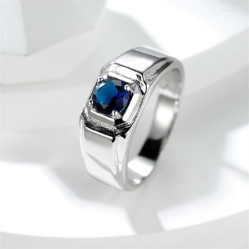 

Wedding Rings Trendy Mens Royal Blue Stone Ring Silver Color Round Zircon Bands Male Luxury Engagement For Men Jewelry Gifts