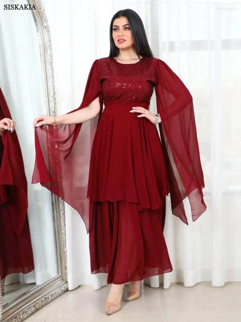 

Ethnic Clothing Modest Evening Dresses Split Long Sleeve Belted Dress Dubai Abaya Luxury Sequins Women 2023 Party Robe