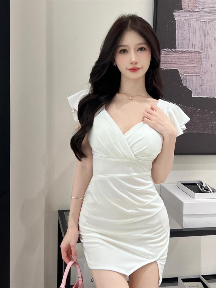 

Party Dresses Summer Fashion Office Ladies Sexy Ruffle Edge Sleeves Dress Women Elegant V Neck Sleeveless Split Tight Wrapped Mini Short, Black