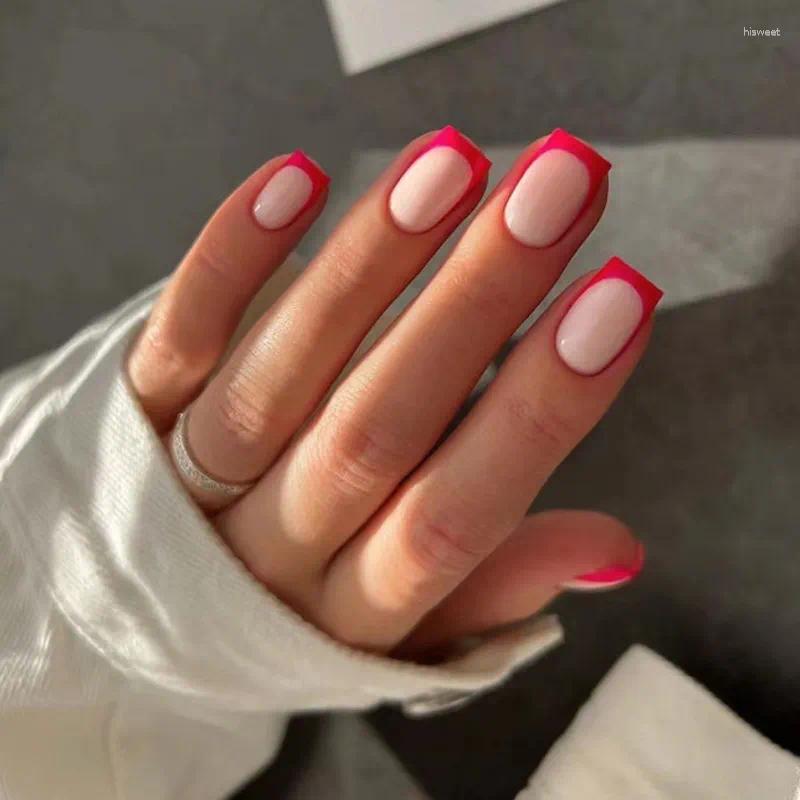 

False Nails 24Pcs Simple Red French Gradient White Square Head Fake Short Press On Full Cover Artificial Nail Tips, Only fake nails