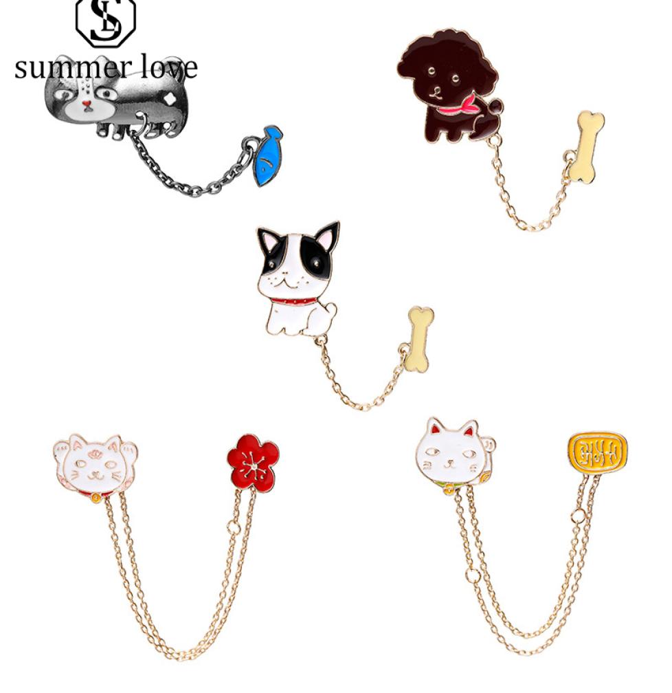 

Cartton Cat Fish Dog Bone with Chain Brooches Cute Animal Enamel Pin Shirt Jackets Collar Button Badge Pin Gift Jewelry Accessory1184891