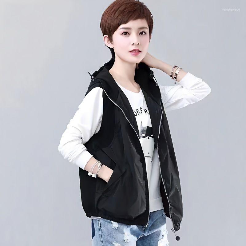 

Women's Vests Outerwear & Coats 2023 Spring Autumn Women's Black Sleeveless Vest Pocket Design Hooded Jacket Female Wasitcoat Q118