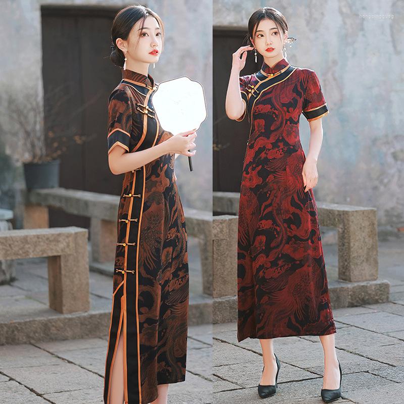 

Ethnic Clothing Traditional Broadside Mandarin Collar Short Sleeve Phoenix Printed Satin Cheongsam Women Chinese Style Wedding Qipao Dress