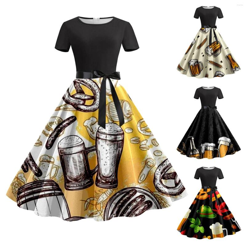 

Casual Dresses Women Summer Round Neck Short Sleeve Dress Removable Belt Oktoberfest Print, Beige