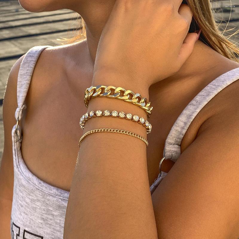 

Link Bracelets 3Pcs/Set Boho Simple Luxury Shiny Crystal Bracelet Women's Retro Fashion Punk Thick Girl Romantic Jewelry Gift