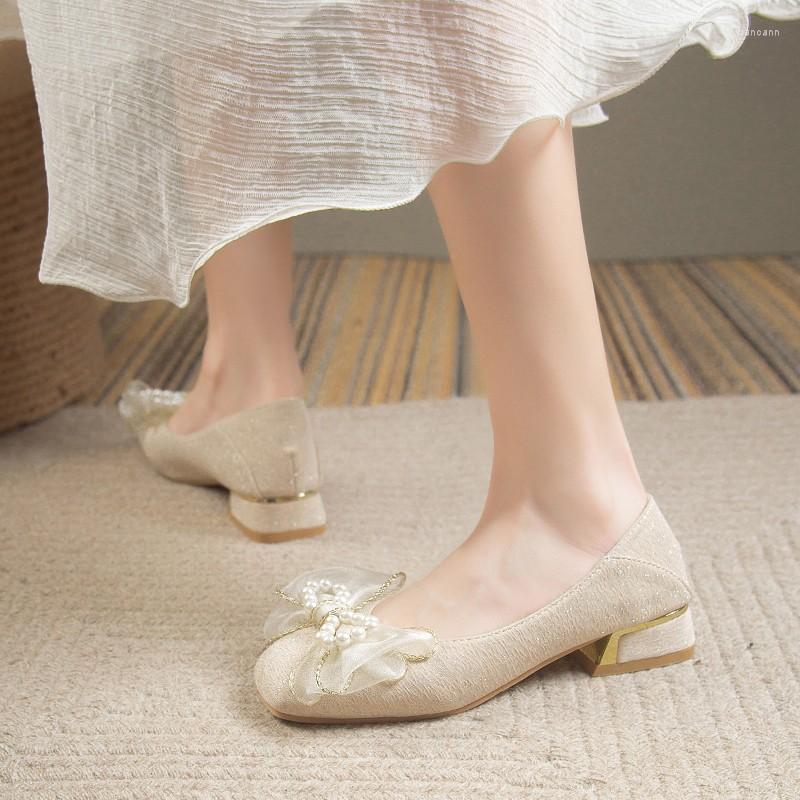 

Dress Shoes Flat Bottom Bowknot 2023 Fashion Pearl Low Heels Round Toe Shallow Mouth Comfortable Solid Color Women's, Black