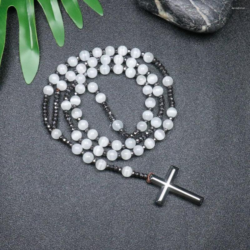 

Pendant Necklaces Natural Stone Selenite Beads Necklace Catholic Christ Rosary Hematite Crosses For Women Men Jewelry