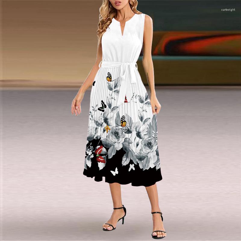 

Casual Dresses Elegant Colorful Butterfly Print For Women 2023 Summer Sleeveless Lace Up Dress Fashion Slim Pleated Mid Length, 8188-14