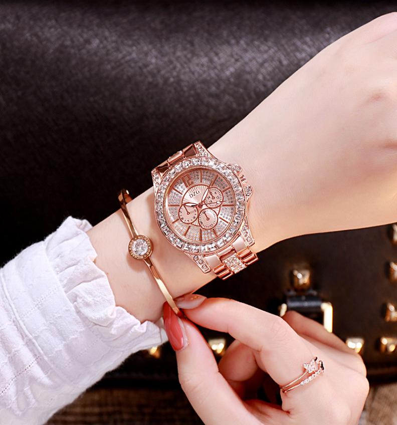 

DZG New Gold ThreeColor Quartz Watch Fashion Casual Fake Three Eyes and Six Needles Rhinestone Alloy Wrist Watch Womens Watch2502524