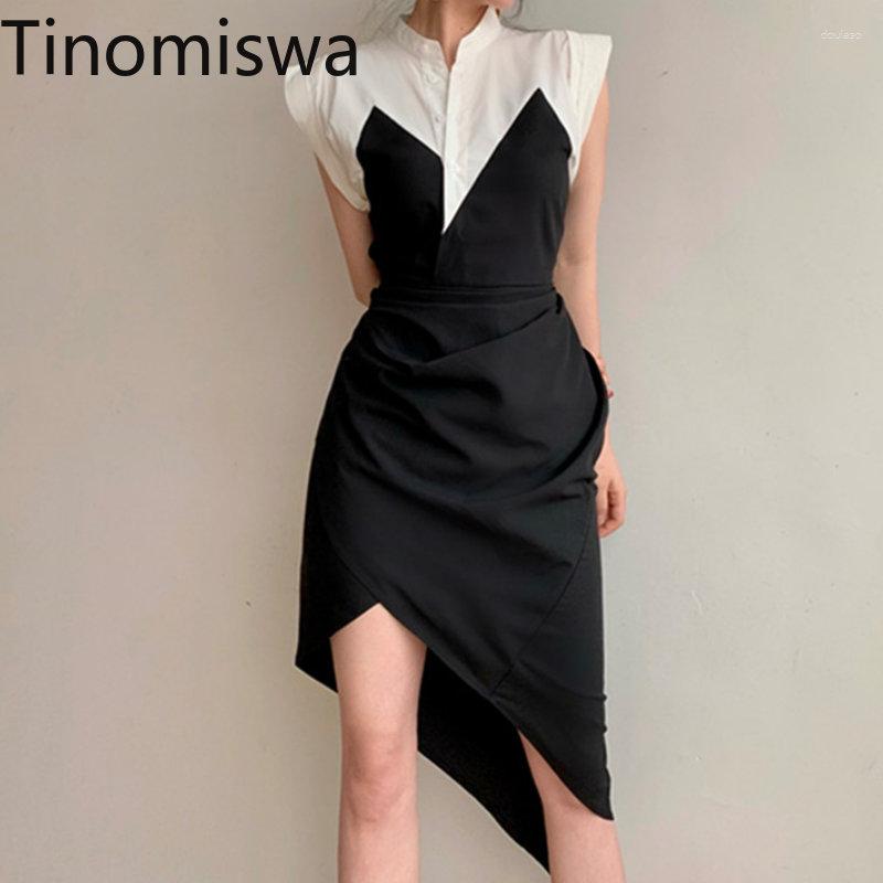

Party Dresses Tinomiswa High Street Fashion Asymmetrical Dress Women Contrast Color Patchwork Temperament Casual A-line Robe Femme, Black