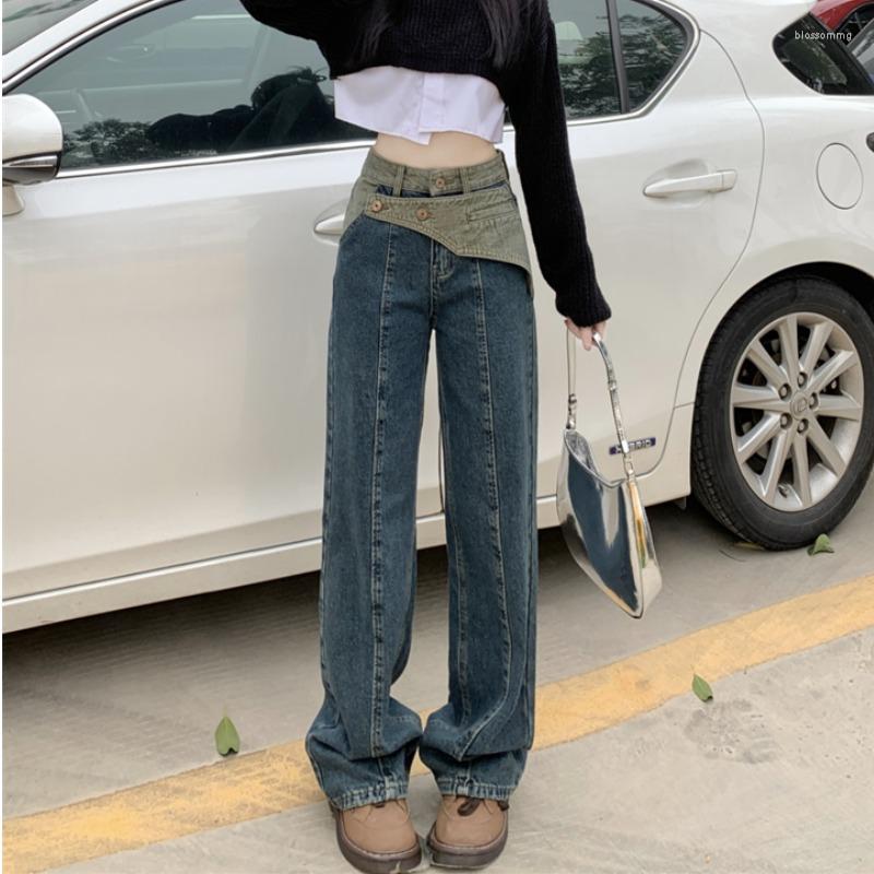 

Women's Jeans Vintage High Waist Wide Leg For Women Loose Fit With Streetwear Design And Patchwork Summer Collection, Blue