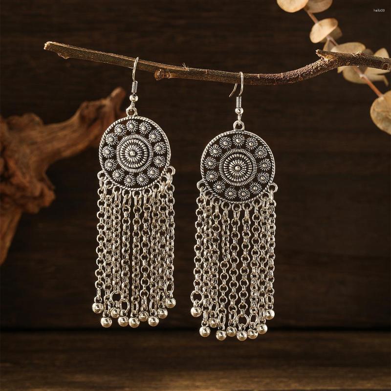 

Dangle Earrings Bohemia Flower Chain Tassel Earring Female Alloy Round Silver Color Dangling Vintage Boho Ear Jewelry