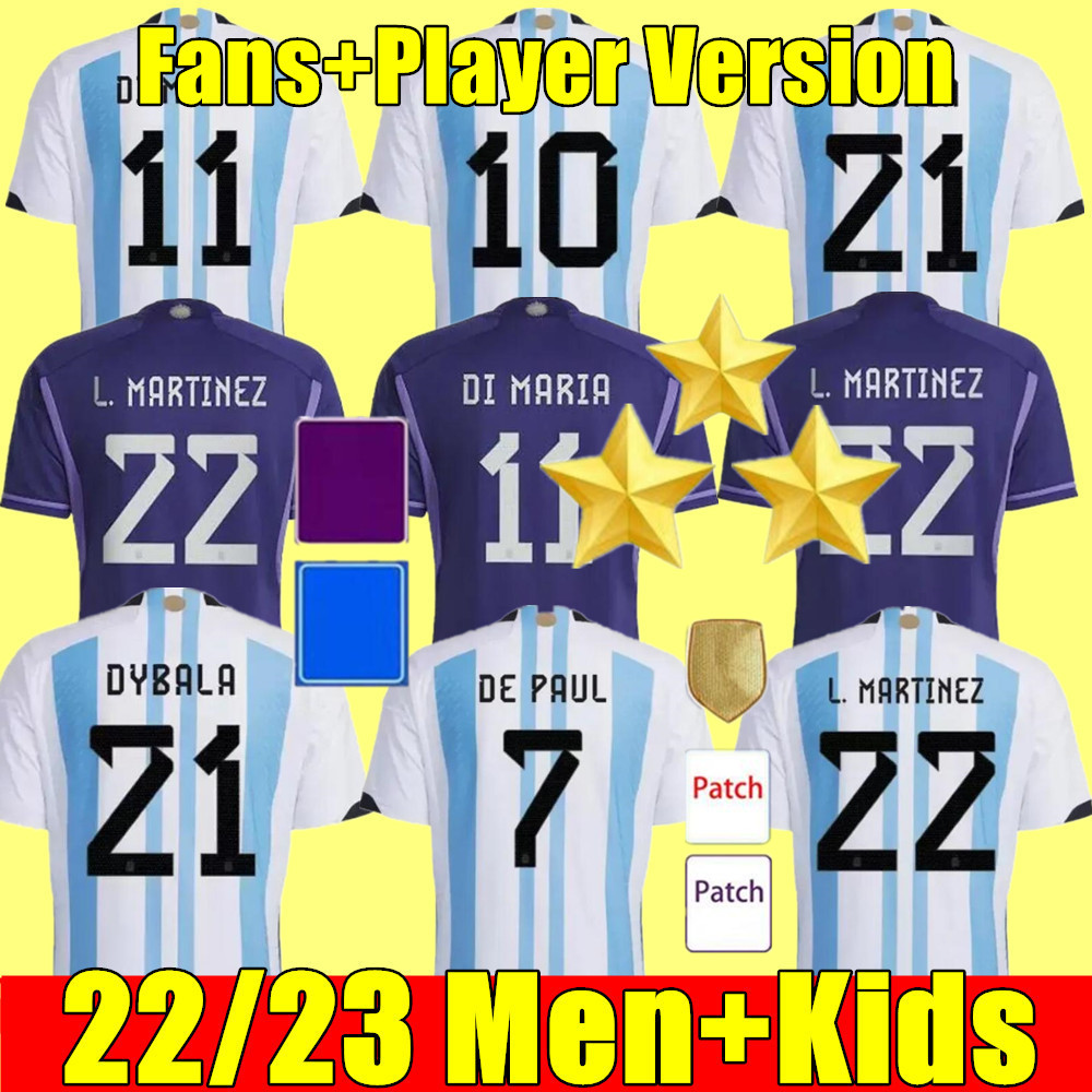 

Argentina Soccer Jerseys 22 23 Fans Player Version MESSISS MAC ALLISTER DYBALA DI MARIA MARTINEZ DE PAUL MARADONA Child Kids Kit Men Women Football Shirt, Away kids+socks