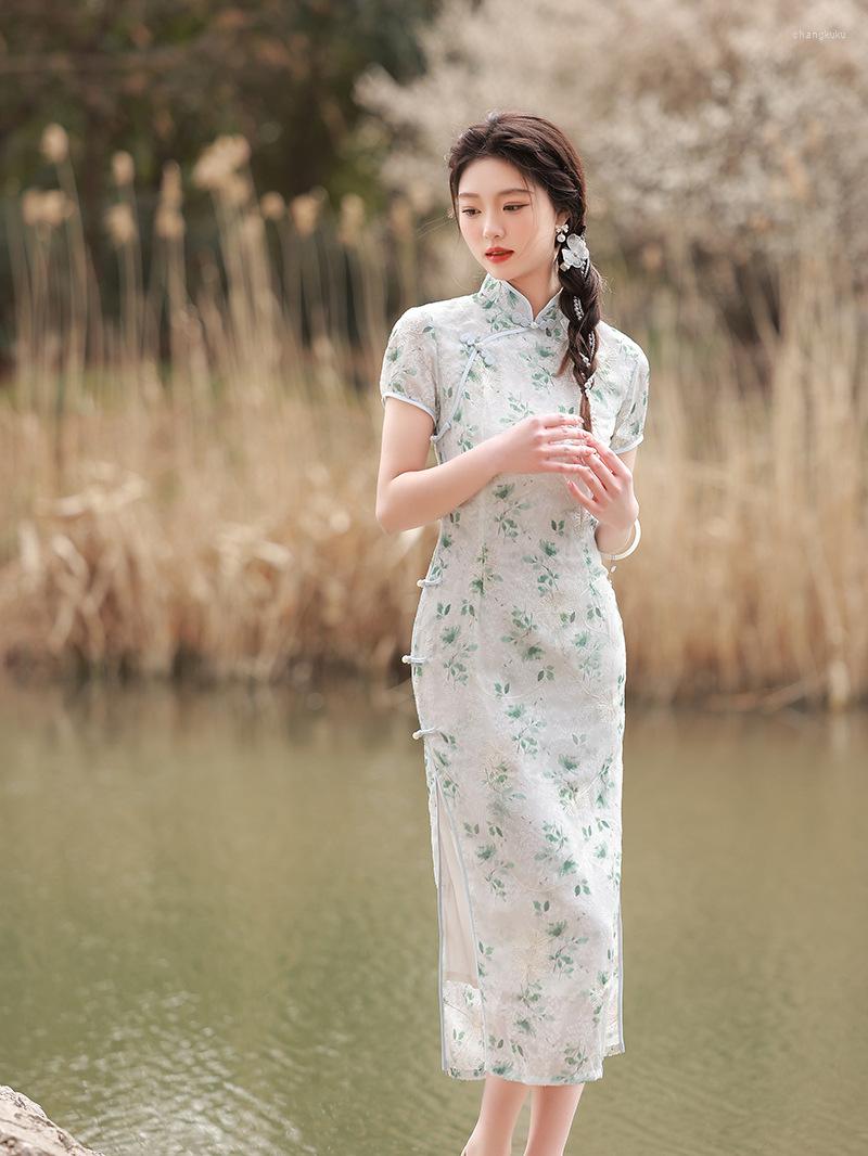 

Ethnic Clothing Chinese Style Traditional Short Sleeve High Split Cheongsam Summer Mandarin Collar Qipao Vestidos