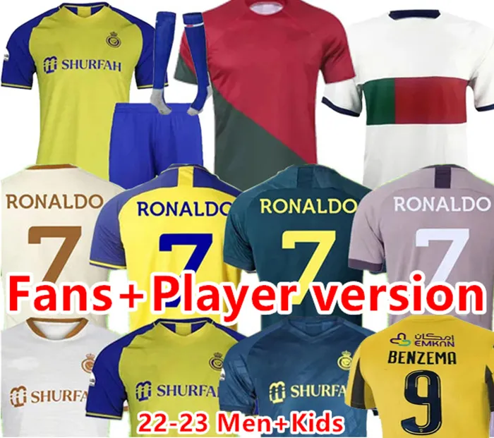 

22 23 Al Nassr FC Ronaldo soccer Jerseys Men Kids Kit uniform Home yellow CR7 boys Football shiirt BENZEMA Homes and away Fans Player Version jersey 2023 Saudi Arabia