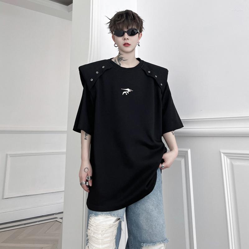 

Men's T Shirts SYUHGFA High Srteet Men's Shoulder Pad T-shirts 2023 Summer Solid Color Metal Decoration Casual Tee Short Sleeve Fashion, Black