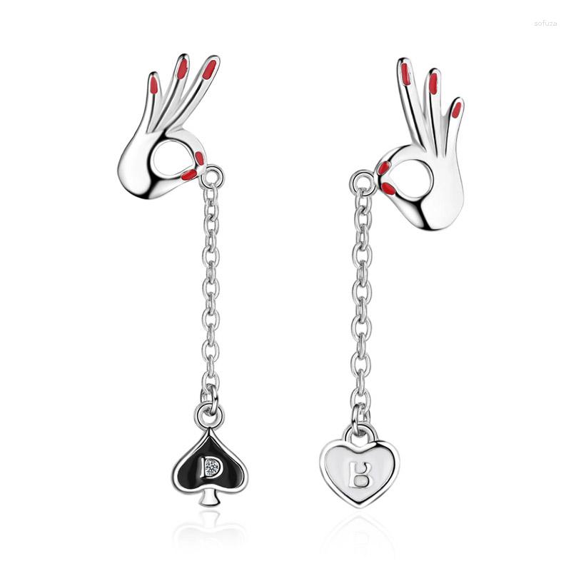 

Stud Earrings S925 Silver Earring OK Gesture Black & White Heart Long Tassel For Women Gift Lady Girl Fashion Zircon Jewelry