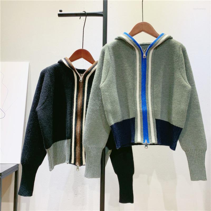 

Women's Hoodies Knit Crop Top Women Zipper Up Cardigan Leisure Hooded Short Coat Spring Autumn Korean Knitted Tops, Beige