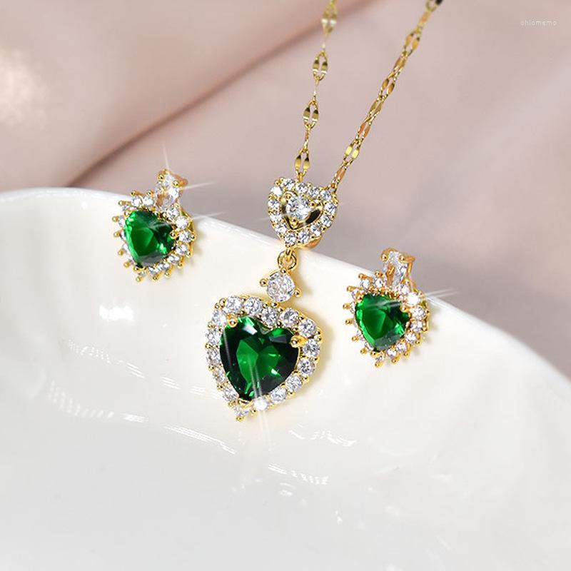 

Necklace Earrings Set LUCKY99 Trendy Heart-Shaped Earring Women Green Zircon Inset Design Copper Pandent N23749, Picture shown