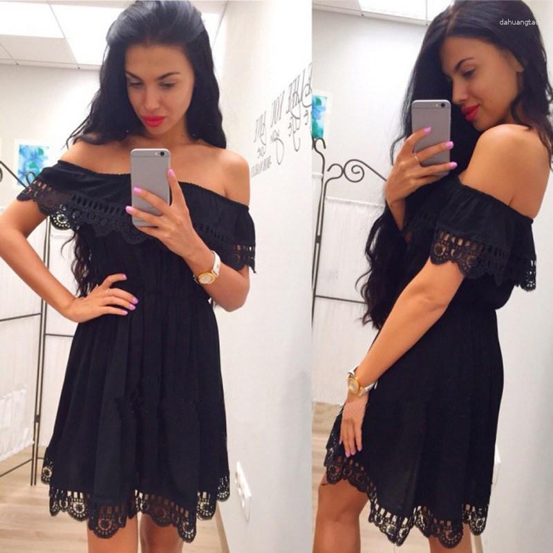 

Casual Dresses Fashion Women Vestidos Elegant Vintage Sweet Lace White Dress Stylish Sexy Slash Neck Slim Beach Summer Sundress Female, Black