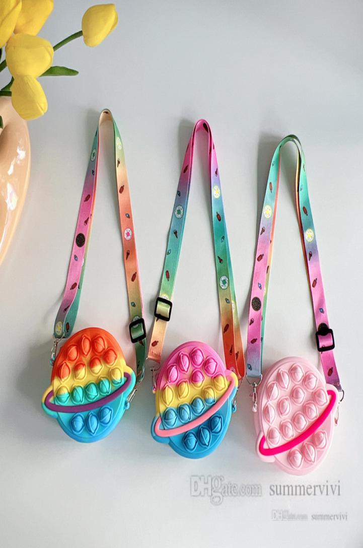 

Kids rainbow silicone purse children planet decompression handbag children printed straps messenger bag wallet Q56331356154, Orange