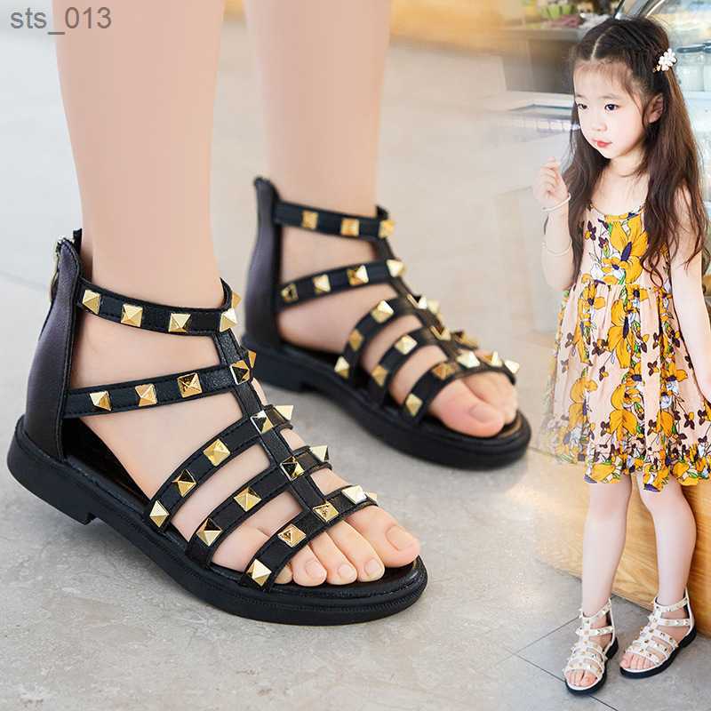 

New 2023 Summer Childrens Girls Sandals Crystal Princess Solf Shoes Non-slip Breathable Fashion Kids Sandals L230518, Beige
