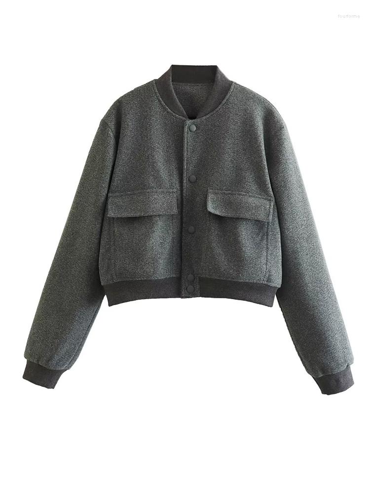 

Women' Jackets Women Jacket 2023 Fashion With Pocket Tweed Coat Vintage Long Sleeve Single Breasted Female Outerwear Chic, Gray