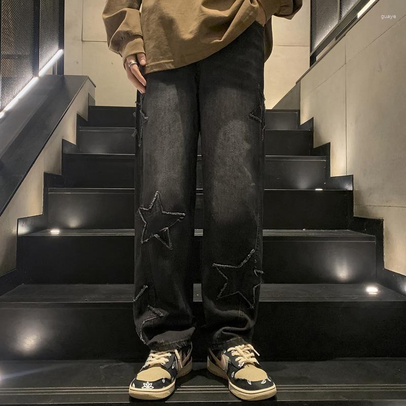 

Men' Jeans Men Loose Straight Embroidery Star Denim Pants Streetwear Spring Wide Leg Neutral Male Fashion Casual Baggy Trousers, Black