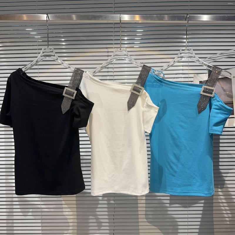 

Women's T Shirts 2023 Summer Rhinestone Buckle Shoulder Strap T-shirt Tee Female Elegant Off-Shoulder Tshirt Women Short Sleeve, Black