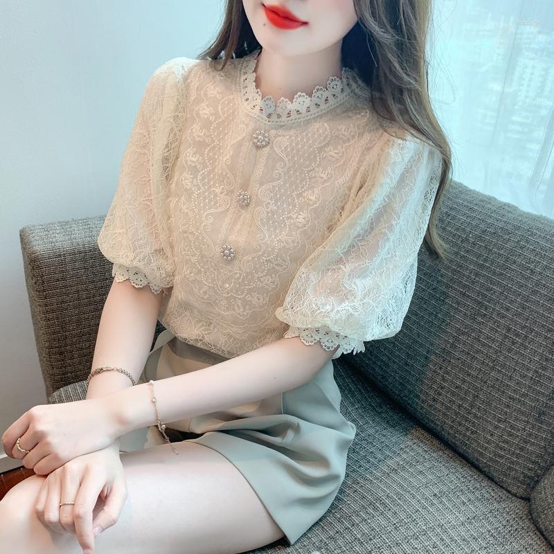 

Women' Blouses 2023 Chic Solid Hollow-out Lace Blouse Floral Patterns Embroidery Decoration Casual Women Shirt Puff Sleeved Cotton Tops, Khaki blouse