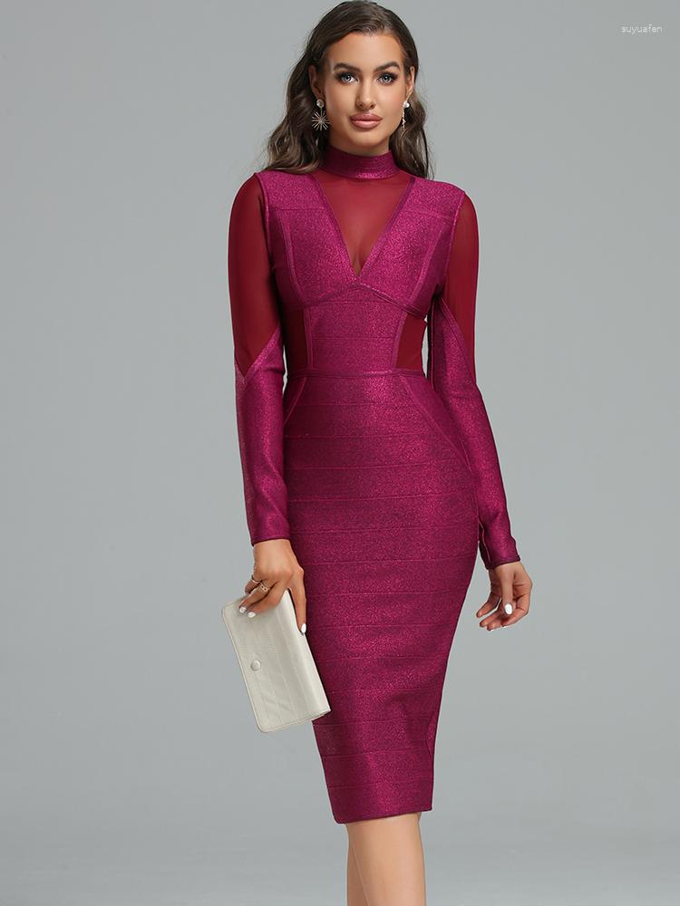 

Casual Dresses Metallic Bandage Dress Long Sleeve Party Bodycon Women Elegant Sexy Wine Mesh Insert Evening Birthday Club Outfit 2023, Burgundy