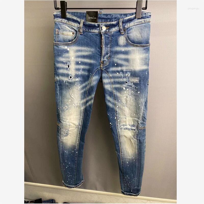

Men's Jeans Men's Trendy Casual Slim Moto&Biker High Street Denim Fabric Pants Fashion Hole Spray Paint A361