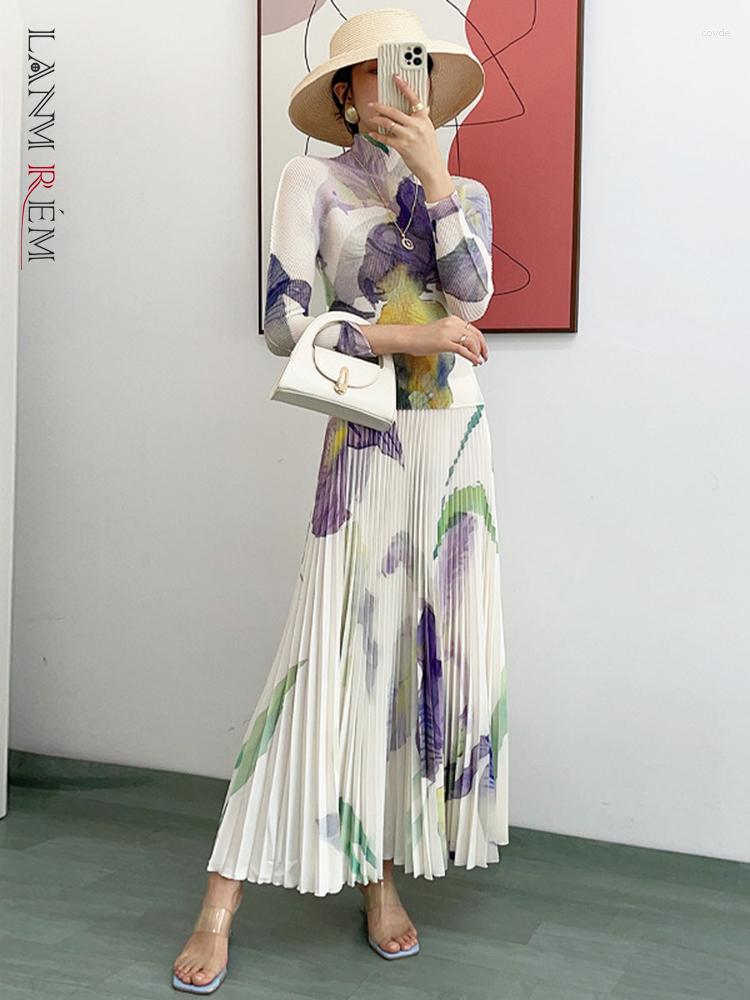 

Work Dresses LANMREM Designer Printed Pleated 2 Pieces Set For Women Turtleneck Long Sleeves Slim Tops High Waist Skirts 2023 2YA2784, Short sleeves