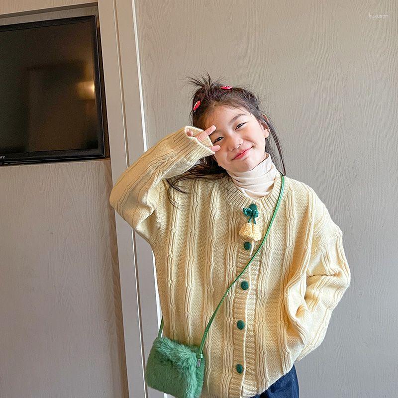 

Jackets Girls Coat Knitted Sweater 2023 Spring Autumn Kids Jacket Cardigan Loose Korean Version Casual Sweet Flower Clothes, Yellow