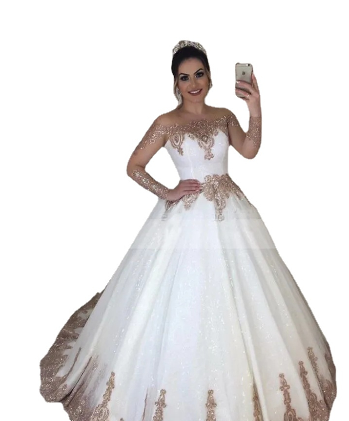 

Princess White Wedding Dress With Rose Gold Appliques Vintage Transparent Long Sleeves Bridal Dress Ball Gown robe mariage Dresses, Same as image
