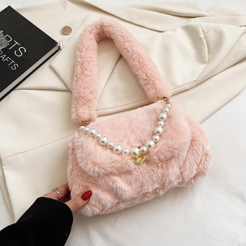 

Evening Bags Fashion Pearls Chains Fluffy Women Shoulder Soft Plush Lady Handbags Cute Faux Fur Small Tote Bag Warm Winter Purses 2023, White