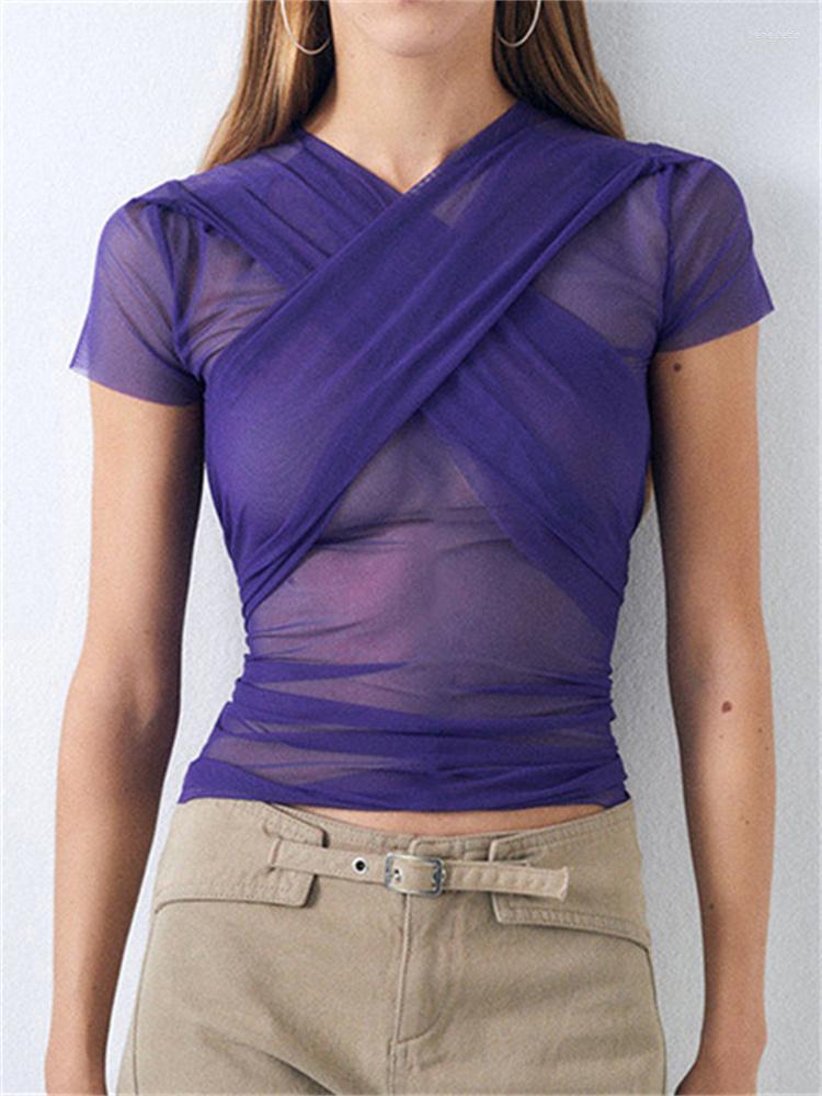 

Women' T Shirts CHRONSTYLE Mesh Sheer See Through Short Sleeve T-shirts Top For Women Summer Y2K O-neck Slim Fit Criss-cross Lace-up Tees, Purple