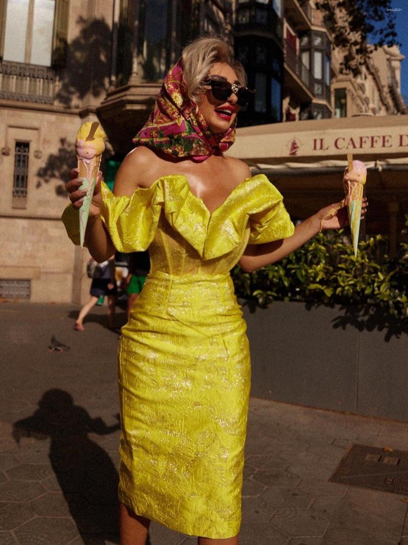 

Casual Dresses Jacquard Evening Party Dress Women Yellow Bodycon Elegant Sexy Midi Off Shoulder Brithday Club Outfits 2023 Summer, Sky blue