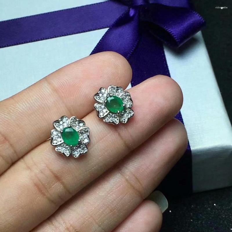 

Stud Earrings Natural Green Emerald Gem Gemstone Elegant Round Sun Flower S925 Silver Girl Women Gift Jewelry