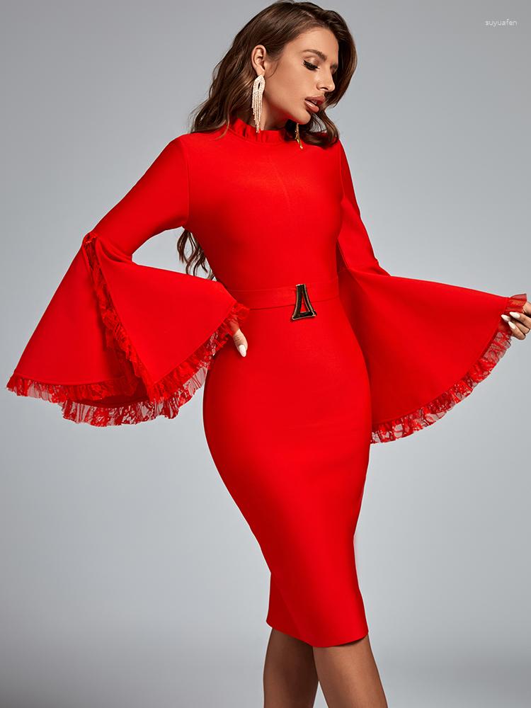 

Casual Dresses Winter Bandage Dress Long Sleeve Turtleneck Elegant Women Party Bodycon Sexy Midi Lace Evening Birthday Club Outfit 2023, Red