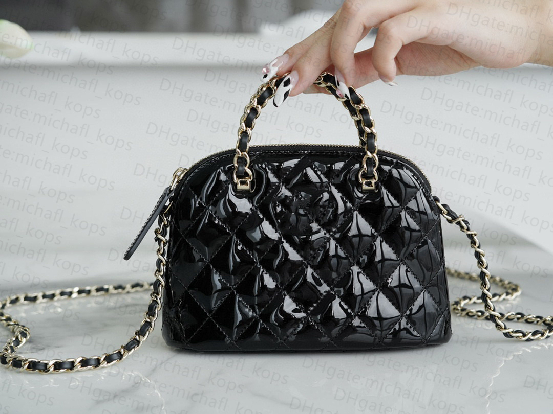 

10A top quality mirror shell bag with diamond pattern glossy leather shoulder bag for women classic zipper buckle opening metal chain designer luxury bag, Black