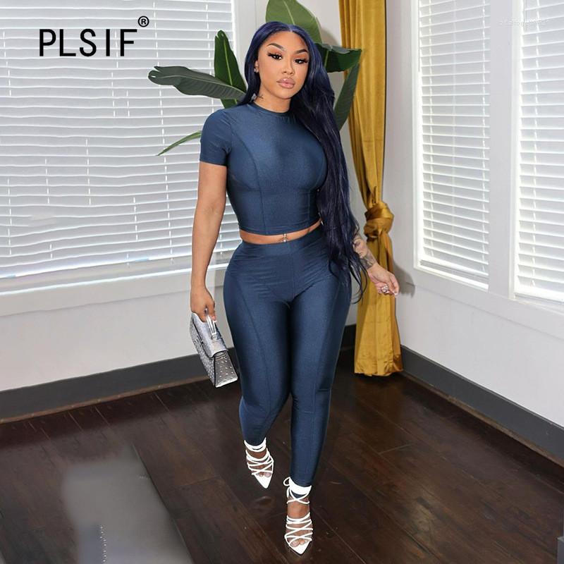 

Women' Two Piece Pants Ladies' Summer Clothes Short-sleeved Round Neck Fashion Temperament Slim Solid Color Sports Yoga Suit, Black