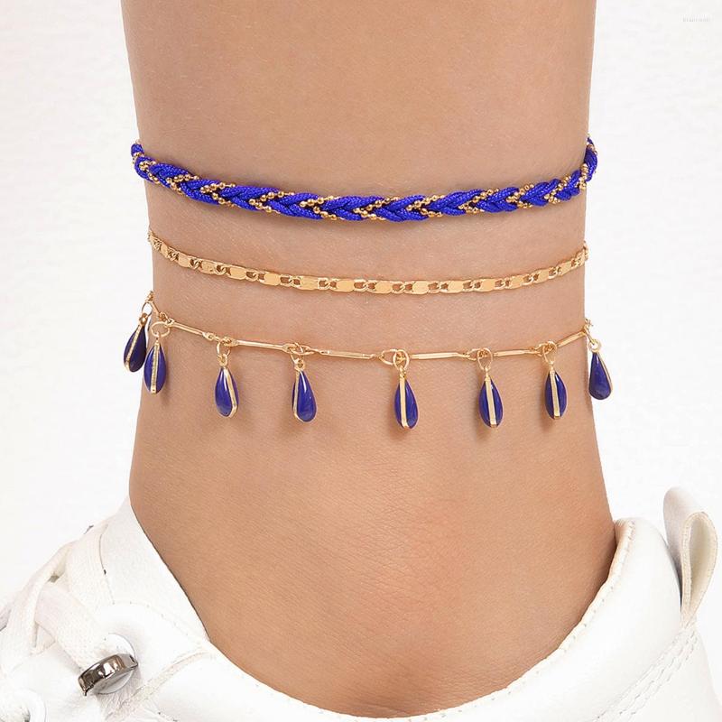 

Anklets Bohemian Blue Drip Oil And Water Tassel Feet Chain Set With Three Piece Woven Cord24042