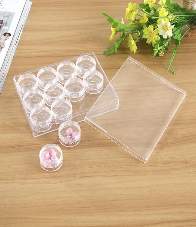 

12 Plastic Round Empty Bottle Box Nail Art Gems Rhinestone Powder Storage Case Small Clear Jars6457543