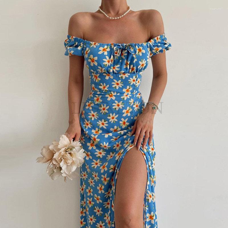 

Casual Dresses Sweet Floral Slash Neck Women Long Dress Sexy Lantern Sleeves Split Lace Female High Waist Summer Fashion Ladies Vestido, Navy blue