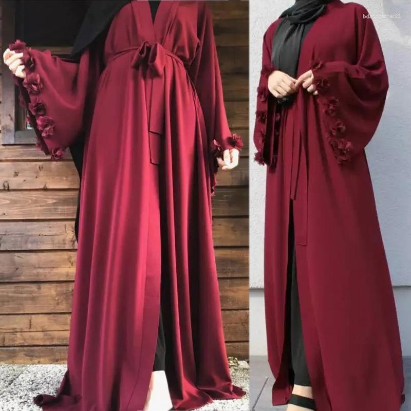 

Ethnic Clothing Eid Djellaba Abaya Dubai 3D Appliques Sleeves Muslim Dress Opened Turkey Islam Abayas With Belt WY689