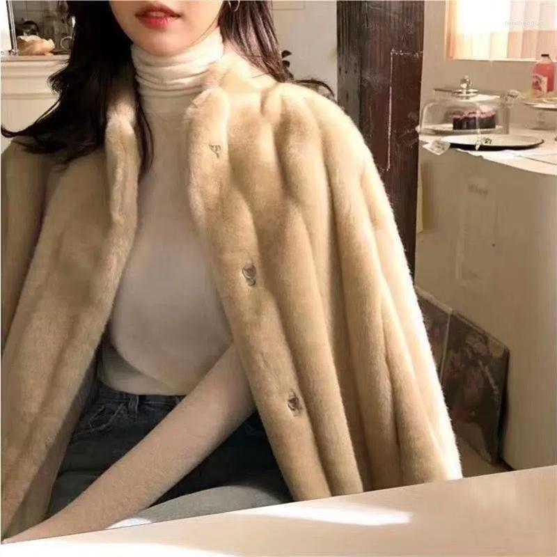 

Women' Fur Imitation Mink Coat Women' Long Plush Stand Collar Faux Korean Loose Outwear Autumn And Winter Female Top, Khaki