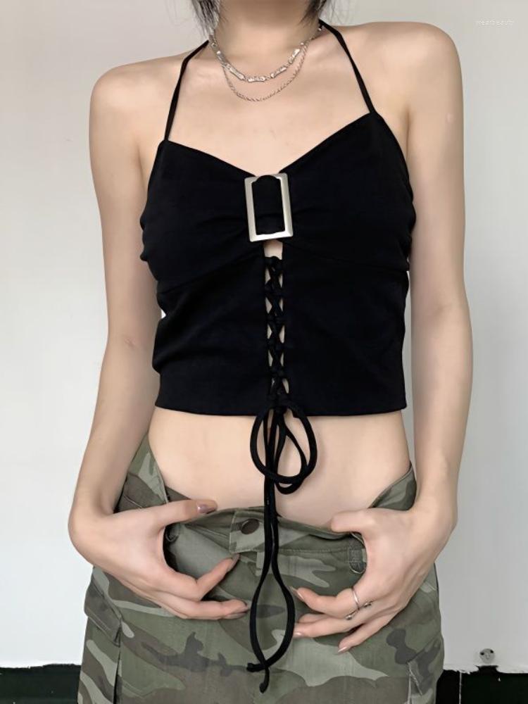 

Women' Tanks Vintage Solid Halter Off Shoulder Tank Top Women Y2k Aesthetic Sexy Cropped Bandage Hollow Out Chain Patchwork Fashion, Black