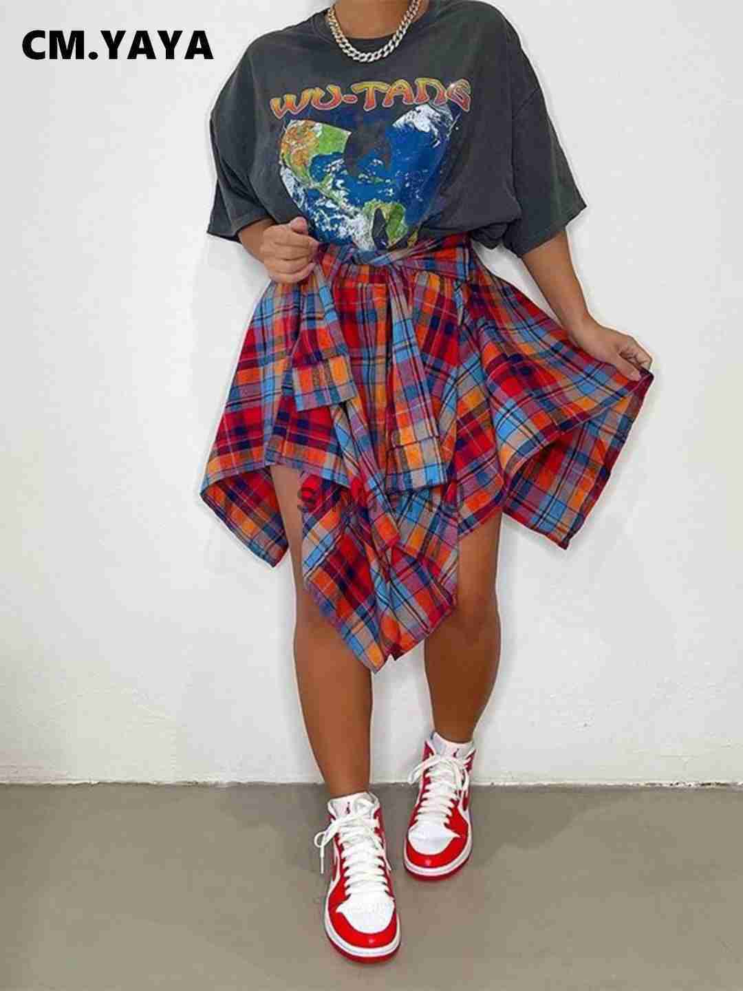 

Skirts CM.YAYA Women Plaid Irregular High Waist Knee Length Skirts 2022 Summer Holiday Streetwear Sleeve Wrapped Lace Up Waist Skirt J230621, Multicolor